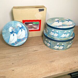 NIB Vintage 'Christmas Around The World' Set of 3 Round Geese Tins